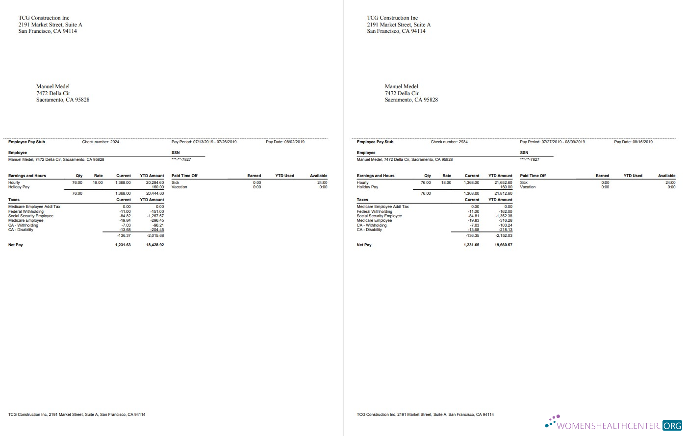 Download TCG Construction Inc. Employee Paystub Photoshop template